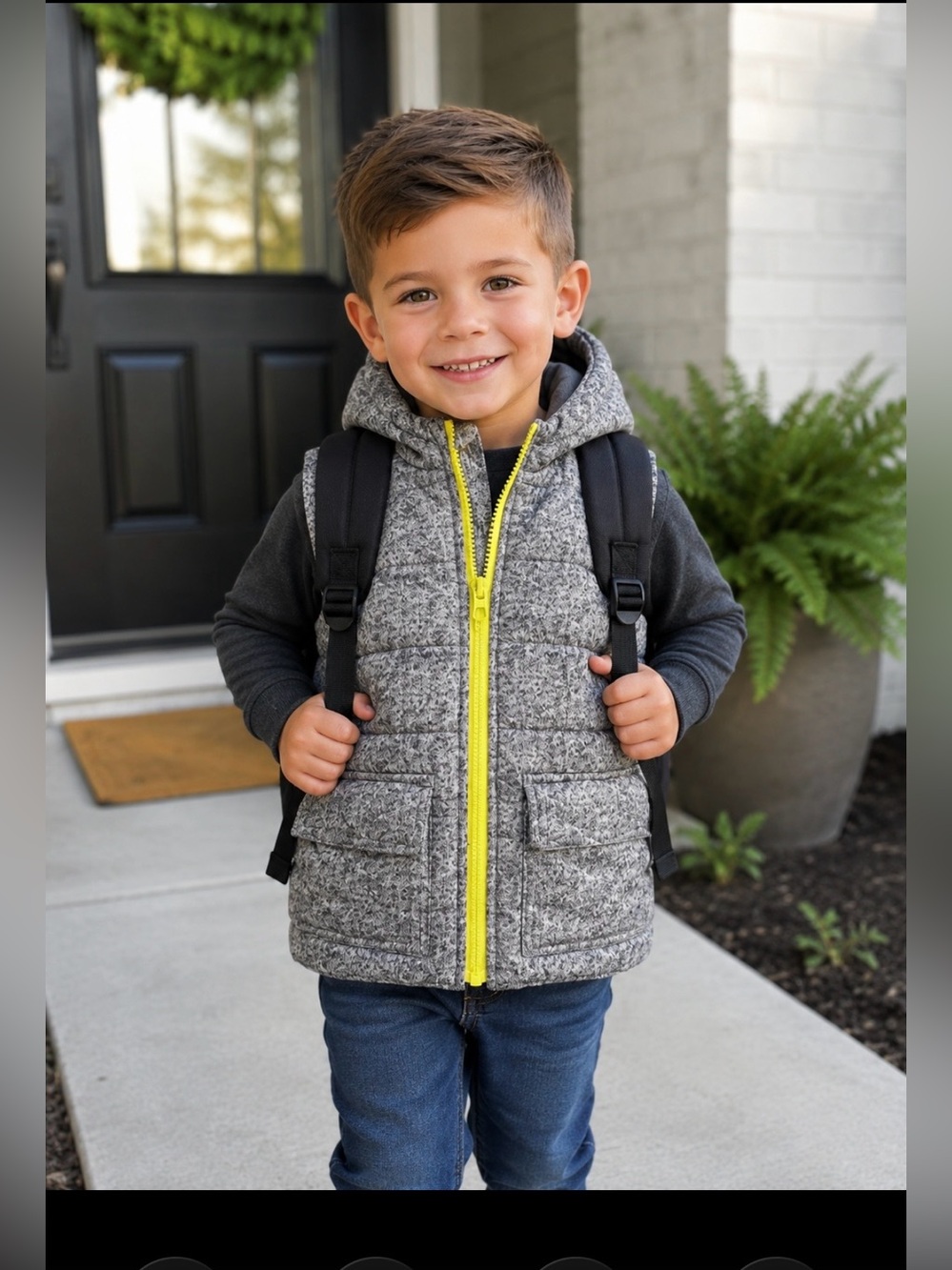 Little Me Gray Hooded Puffer Vest with Yellow Zipper
